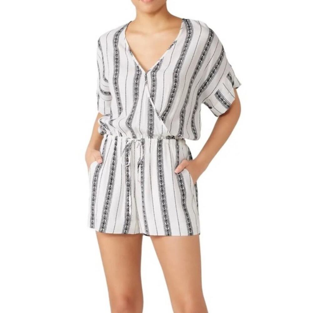 Fifteen Twenty Women's White Surplice Wrap V-Neck Striped Romper Size Large